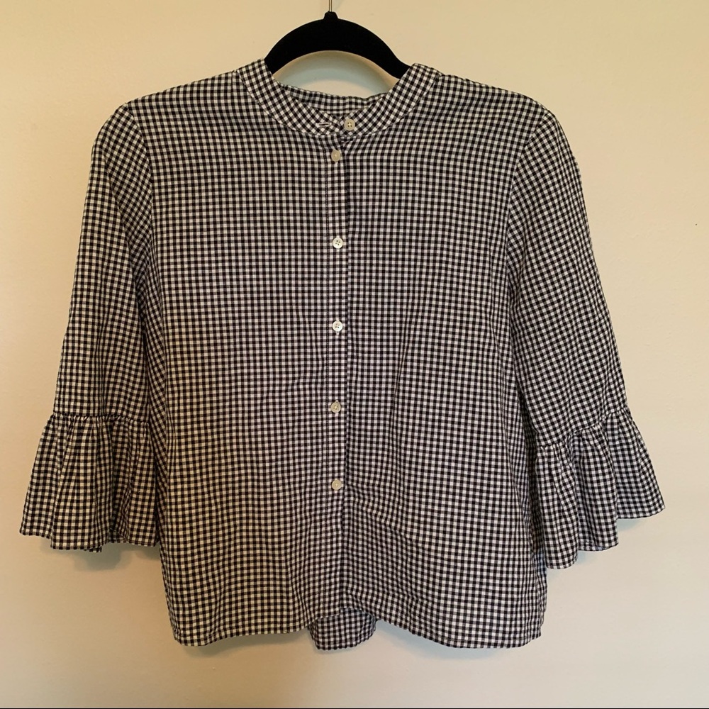 Madewell Black White Gingham Blouse Button Up Work Blouse Bell Sleeve